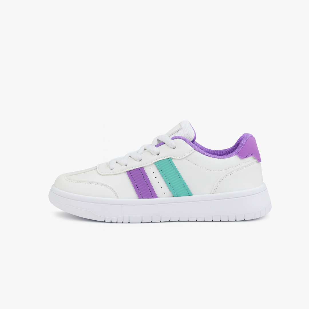 Zapatillas urbanas de dama blancas con detalles lila y verde