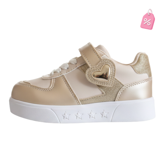 Zapatilla Infantil Dorada con Corazón Hebilla