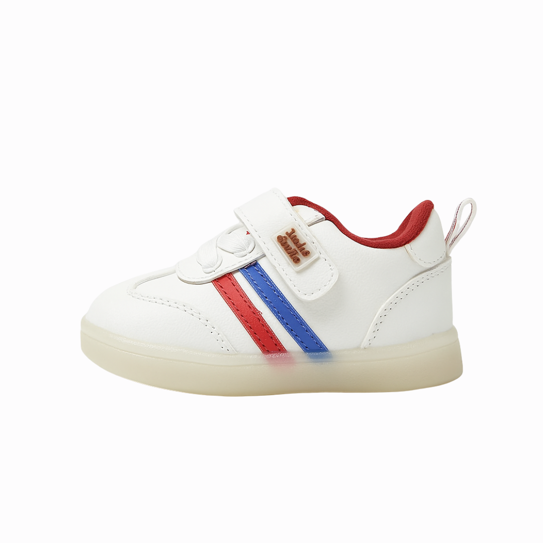 Zapatilla Blanca Infantil con Franjas Rojo y Azul